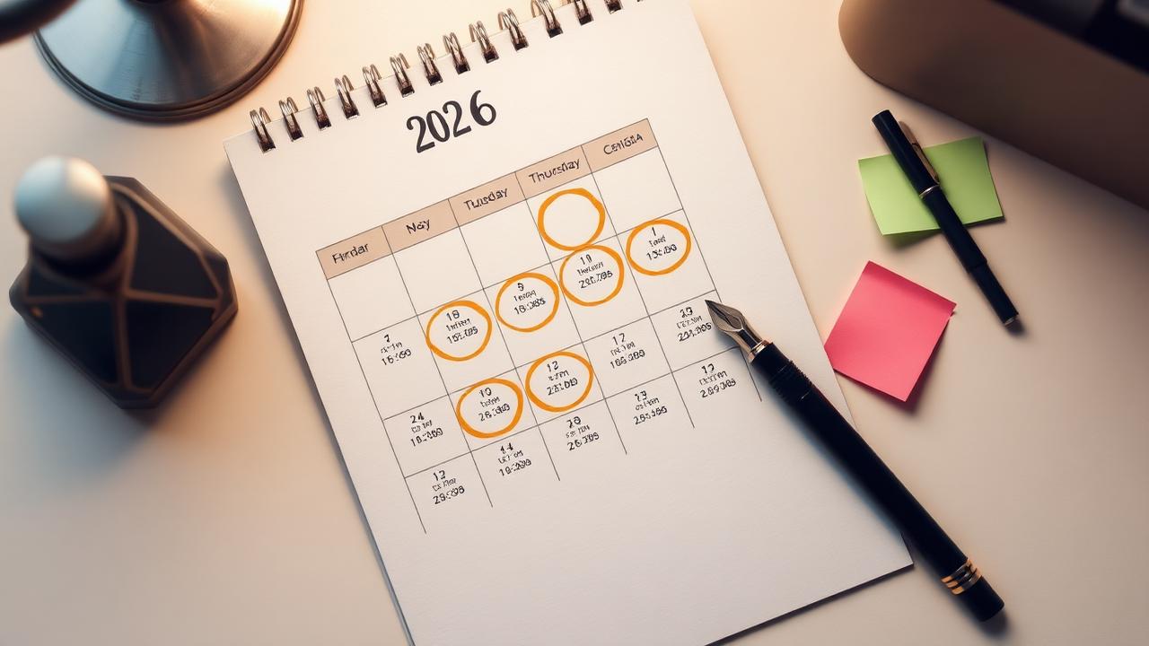 Calendrier 2026 avec dates de concours entourées en doré et stylo plume, illustrant le calendrier RAEP 2026