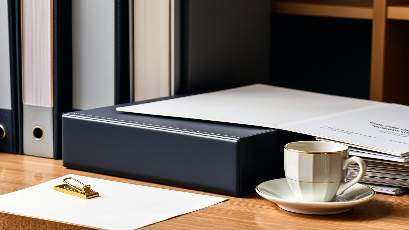 Sous-main en cuir camel ouvert avec une feuille de papier crème, stylo plume noir et or et règle en laiton sur un bureau bleu nuit, illustrant le dossier RAEP Secrétaire Administratif classe supérieure