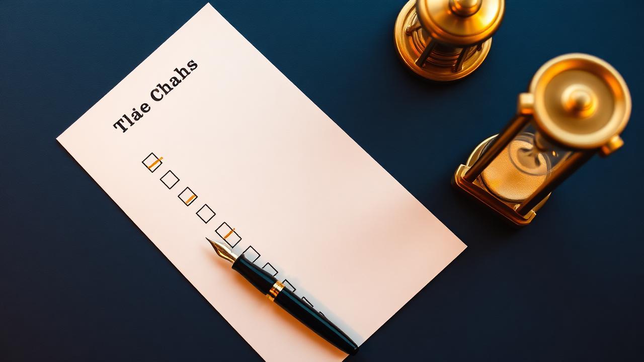 Feuille crème avec cases cochées à l'encre dorée, stylo plume noir et or et sablier laiton sur un bureau bleu nuit, illustrant la checklist RAEP avant dépôt
