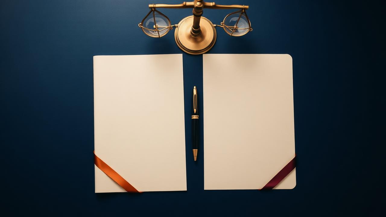 Deux dossiers crème côte à côte avec rubans or et bordeaux, stylo plume noir et or et balance laiton sur un bureau bleu nuit, illustrant la différence entre concours interne et examen professionnel