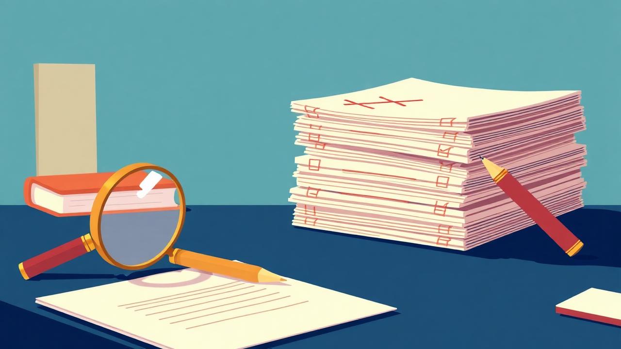 Pile de dossiers administratifs avec annotations rouges et loupe, illustrant les erreurs à éviter dans un dossier RAEP Attaché Principal