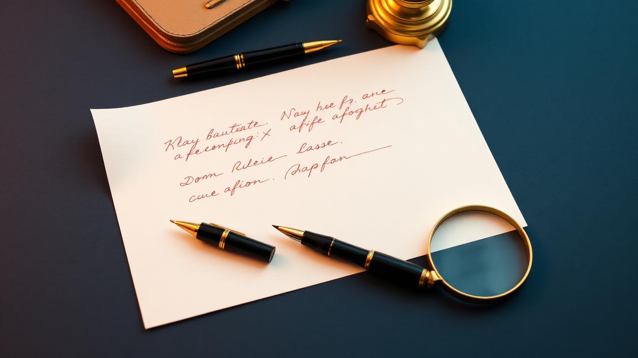Page manuscrite couverte d'annotations rouges et dorées avec stylo plume noir et or et loupe laiton sur un bureau bleu nuit, illustrant la correction d'un dossier RAEP