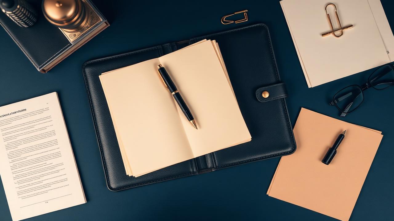 Portfolio en cuir ouvert avec pages crème, stylo plume noir et or et trombone doré sur un bureau bleu nuit, illustrant un exemple de dossier RAEP IRA