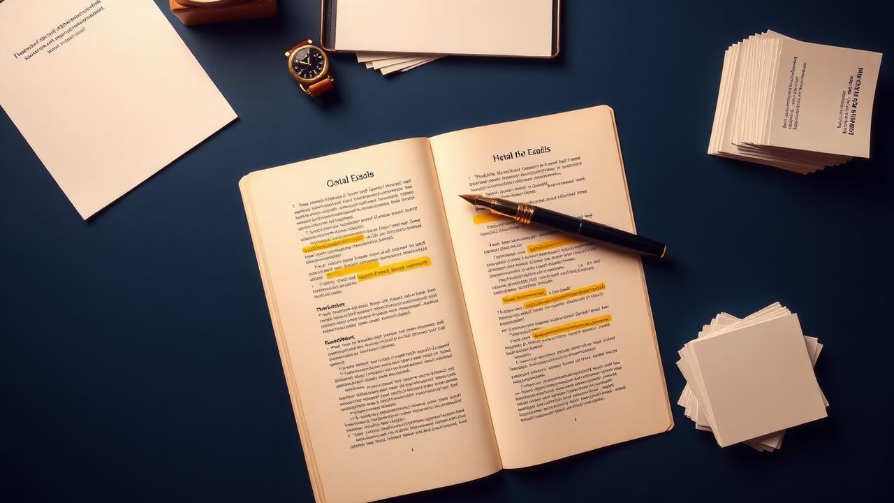 Dossier RAEP ouvert avec passages surlignés et onglets dorés, stylo plume noir et or, montre laiton et fiches cartonnées sur un bureau bleu nuit, illustrant la préparation de l'oral à partir du dossier