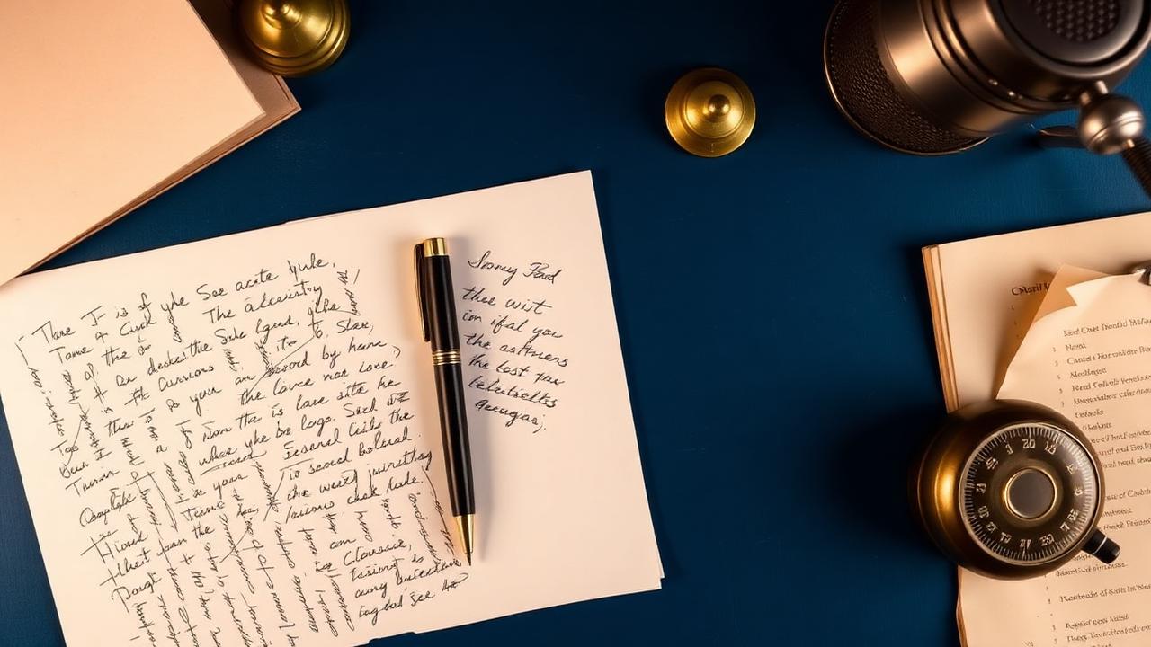 Page manuscrite de notes de préparation à l'oral RAEP avec stylo plume noir et or et micro vintage sur un bureau bleu nuit
