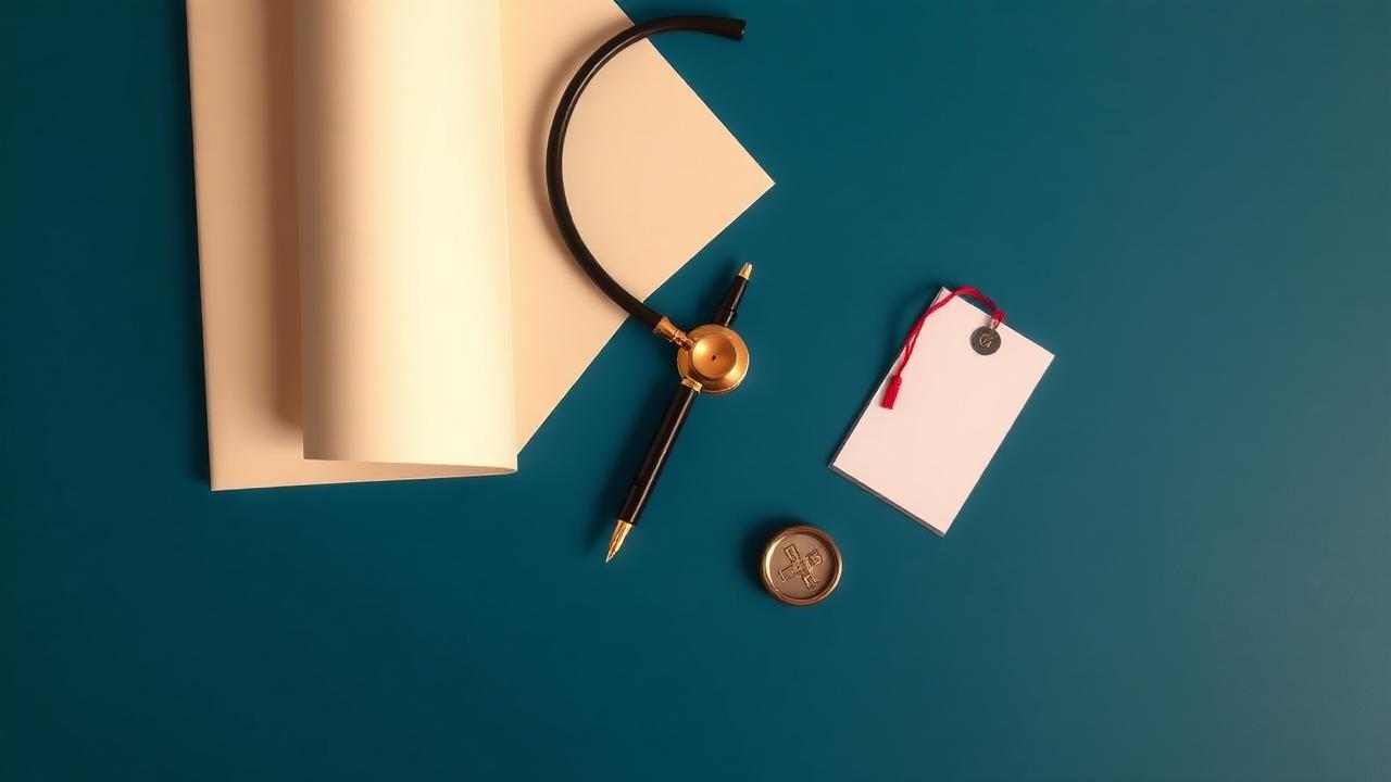 Dossier crème ouvert avec stéthoscope laiton, stylo plume noir et or et badge hospitalier sur un bureau bleu nuit, illustrant le RAEP attaché hospitalier