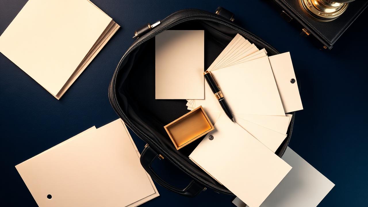 Attaché-case en cuir noir ouvert avec dossiers crème et stylo plume noir et or sur un bureau bleu nuit, illustrant le dossier RAEP Attaché Principal APAE