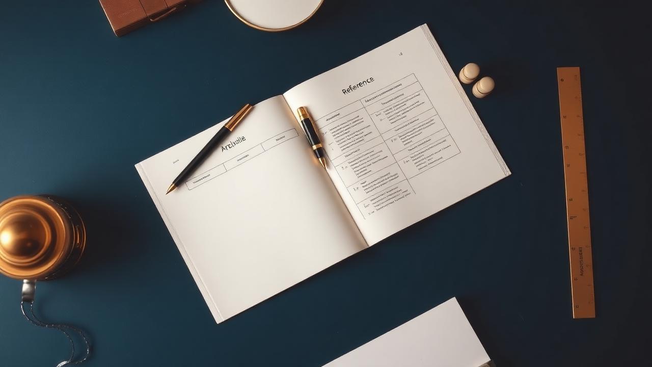 Carnet ouvert sur un référentiel structuré avec stylo plume noir et or, règle laiton et onglets dorés sur un bureau bleu nuit, illustrant l'usage du RIME dans un dossier RAEP