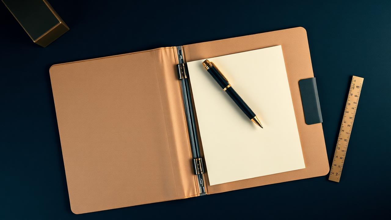 Sous-main en cuir camel ouvert avec une feuille de papier crème, stylo plume noir et or et règle en laiton sur un bureau bleu nuit, illustrant le dossier RAEP Secrétaire Administratif classe supérieure